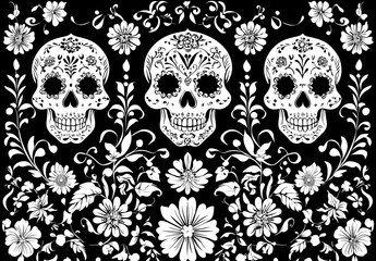 Fototapeta premium a black and white floral pattern with skulls