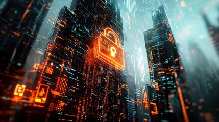 Obraz premium Cyber City Encryption - Futuristic Urban Landscape with Data Points and Digital Security Symbol
