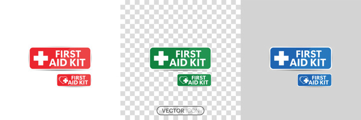 First aid kit icon set. Medical briefcase icon with medical equipment and medications. Horizontal strip shape, sticker. Healthcare concept icon in linear style on a white and transparent background.