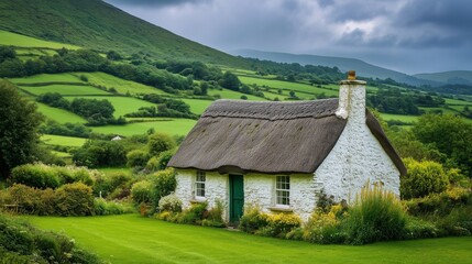 Obraz premium Idyllic Irish cottage with white stone walls, a thatched roof, and rolling green hills in the background