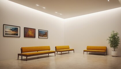 Fototapeta premium Modern gallery hall with bench and blank wall Performance and presentation concept Mock up 3D Rendering 6