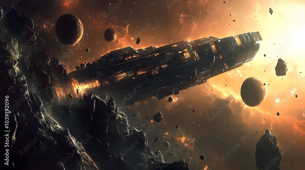 Poster a futuristic cosmic scene featuring a massive spaceship amidst asteroids and distant celestial bodie
