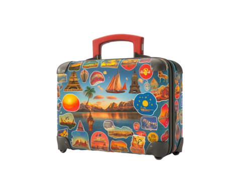 Travel suitcase adorned with colorful travel stickers, showcasing a variety of destinations and themes, emphasizing the spirit of adventure and exploration isolated on transparent background - Powered by Adobe