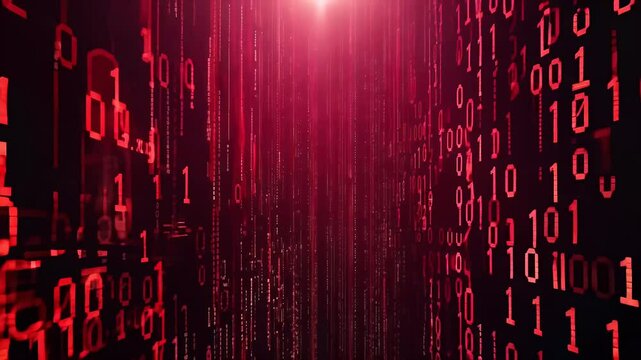 The camera moves cascade red binary code matrixinspired animation creating engaging glowing digits falling sleek black background matrix cyber network technology effect render typography