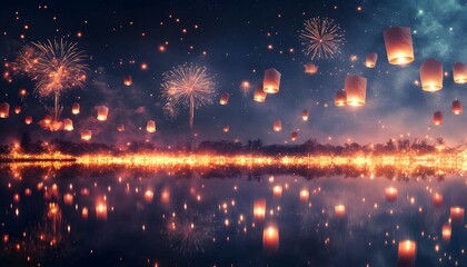 Fototapeta premium A serene night scene with glowing lanterns and fireworks reflecting on water, creating a magical atmosphere.