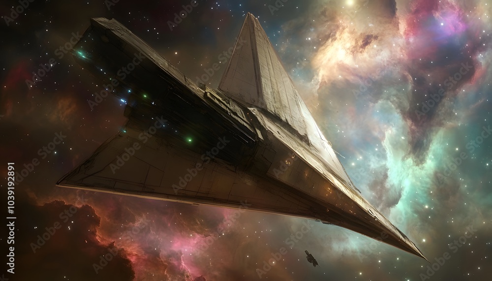 Poster a futuristic spacecraft glides through a colorful nebula, surrounded by stars and cosmic clouds, sho
