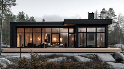 Fototapeta premium Minimalist Scandinavian modern home with clean lines, large windows, and natural wood accents