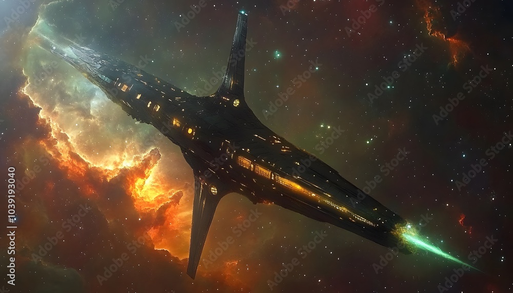 Fototapete a sleek spaceship navigates through a colorful nebula, illuminated by stars and cosmic dust, capturi