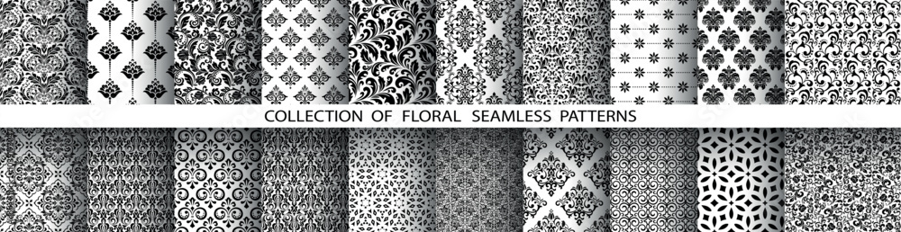 Aufkleber geometric floral set of seamless patterns. white and black vector backgrounds. damask graphic orname