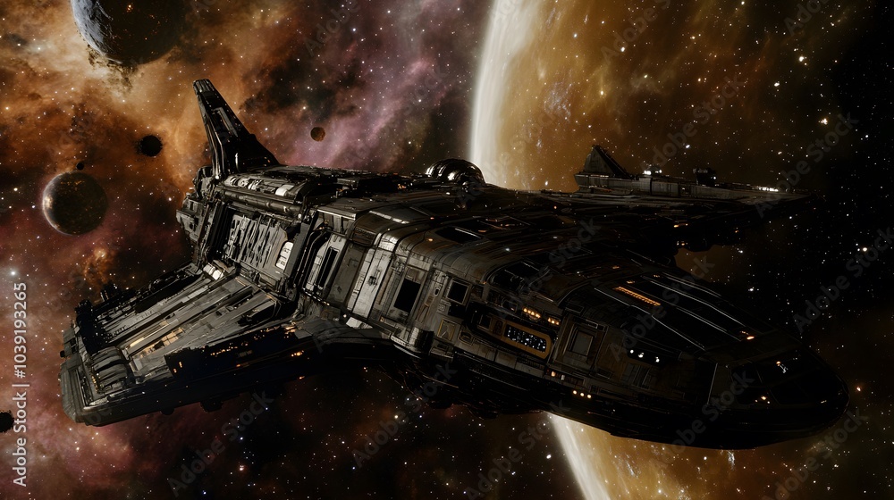 Poster a futuristic spaceship glides through a cosmic landscape filled with stars and planets, showcasing a