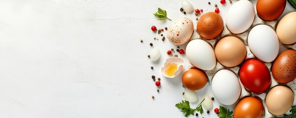 Assorted eggs on white background with spices and herbs.