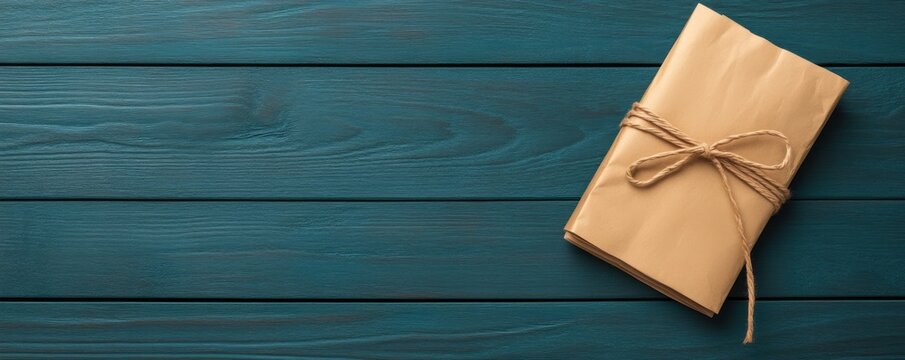 Brown paper package tied with string on wooden background