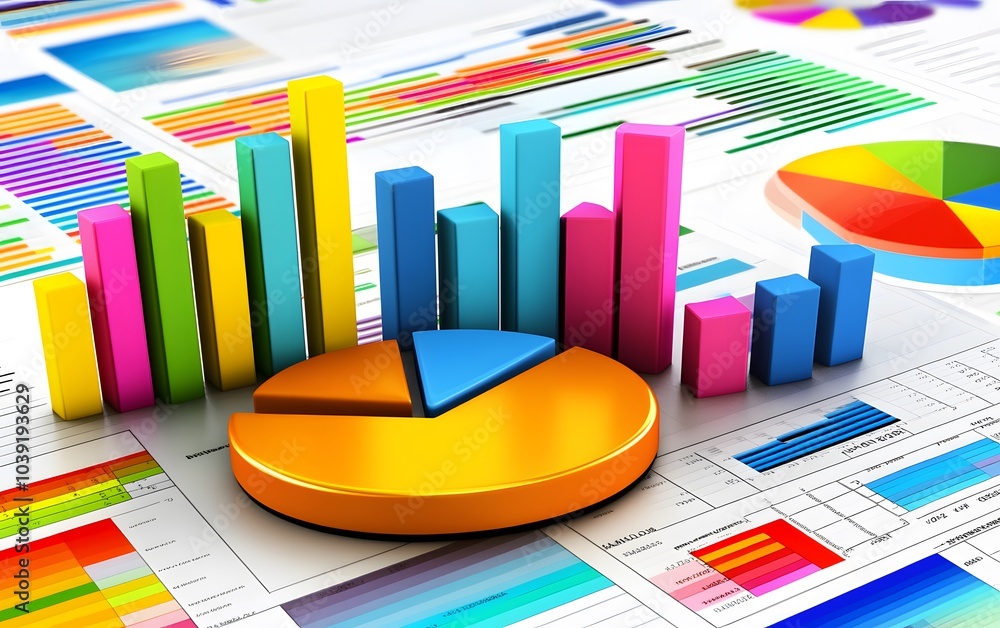 Poster a vibrant, colorful collection of charts and graphs illustrates data analysis, showcasing pie and ba