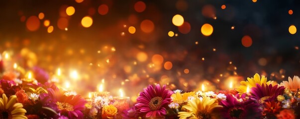 Obraz premium Colorful flowers with bokeh lights creating a magical atmosphere.