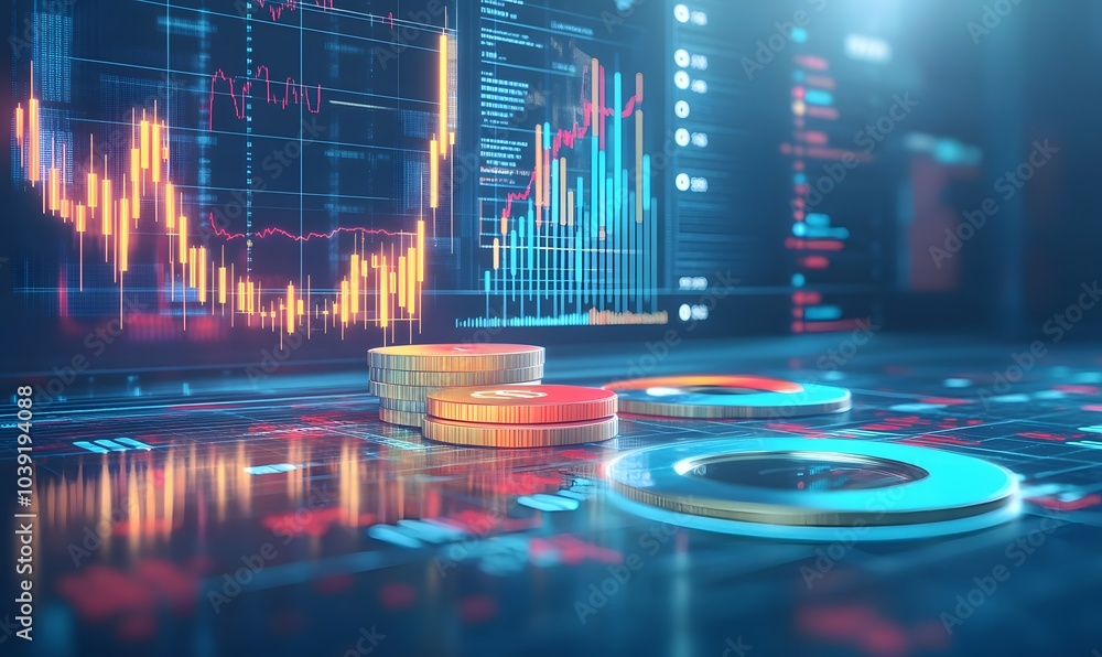 Leinwandbilder a digital representation of cryptocurrency with coins in focus, surrounded by financial charts and d