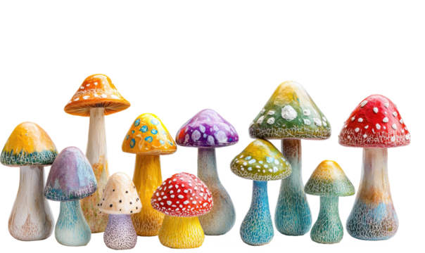 Multicolored hallucinogenic mushrooms on transparent background