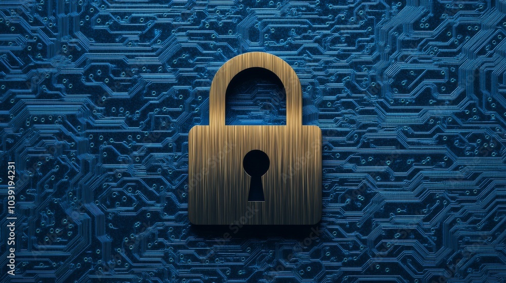 Poster digital padlock on a circuit board, symbolizing cybersecurity and data protection.