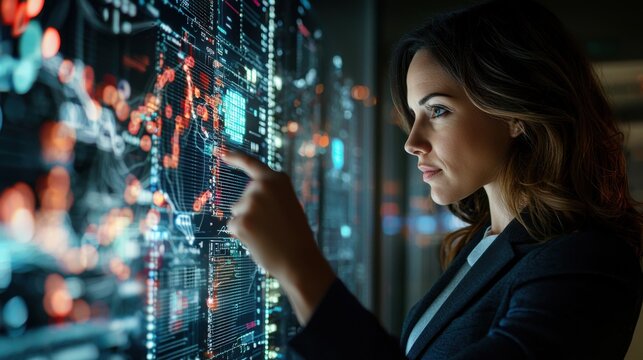 Modern Businesswoman in Server Room Analyzing Real-time Data Analytics on Digital Interface among Computer Servers