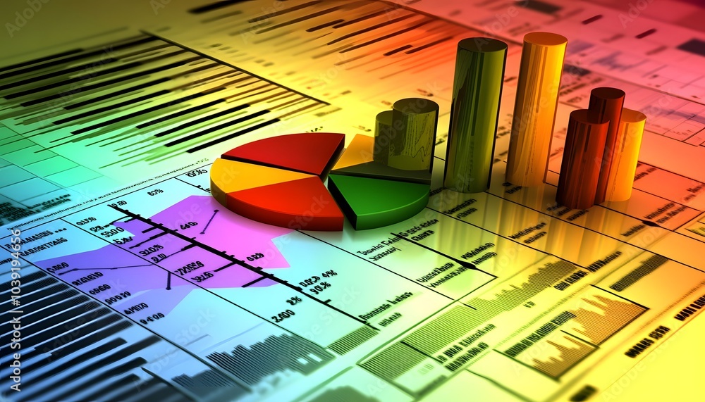 Poster A vibrant graphic representation of statistical data featuring charts and graphs on a colorful background.