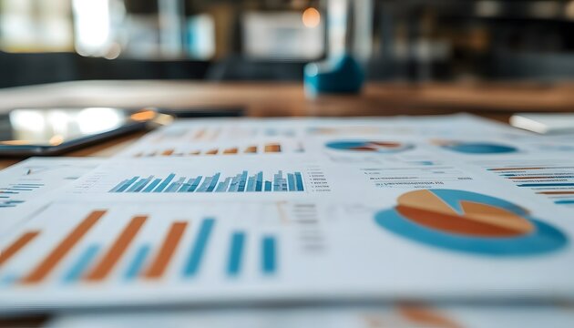A close-up view of various charts and graphs on paper, highlighting data analysis and business performance metrics on a wooden table.