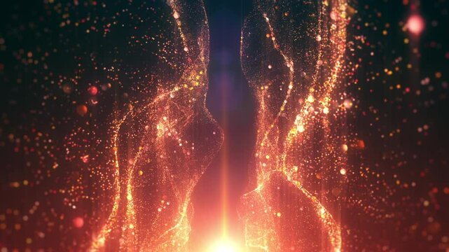 Fire wall particle lights background with fire light and red particle glittering flowing loop