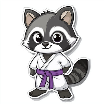 racoon wearing Brazillian jiujitsu uniform with purple belt