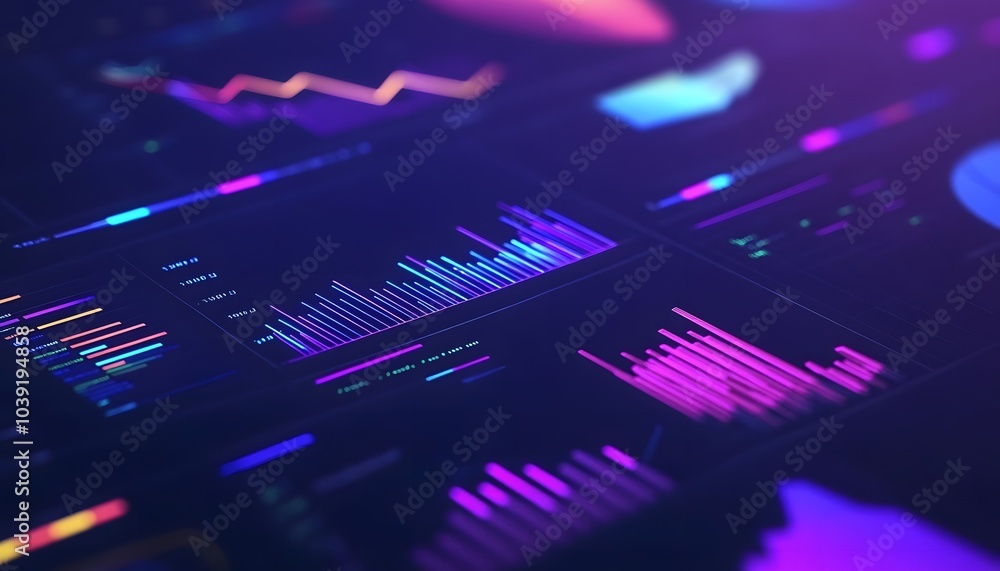 Fototapete A visually striking digital display featuring colorful data visualizations, including graphs and charts, representing analytics and statistics in a modern design.