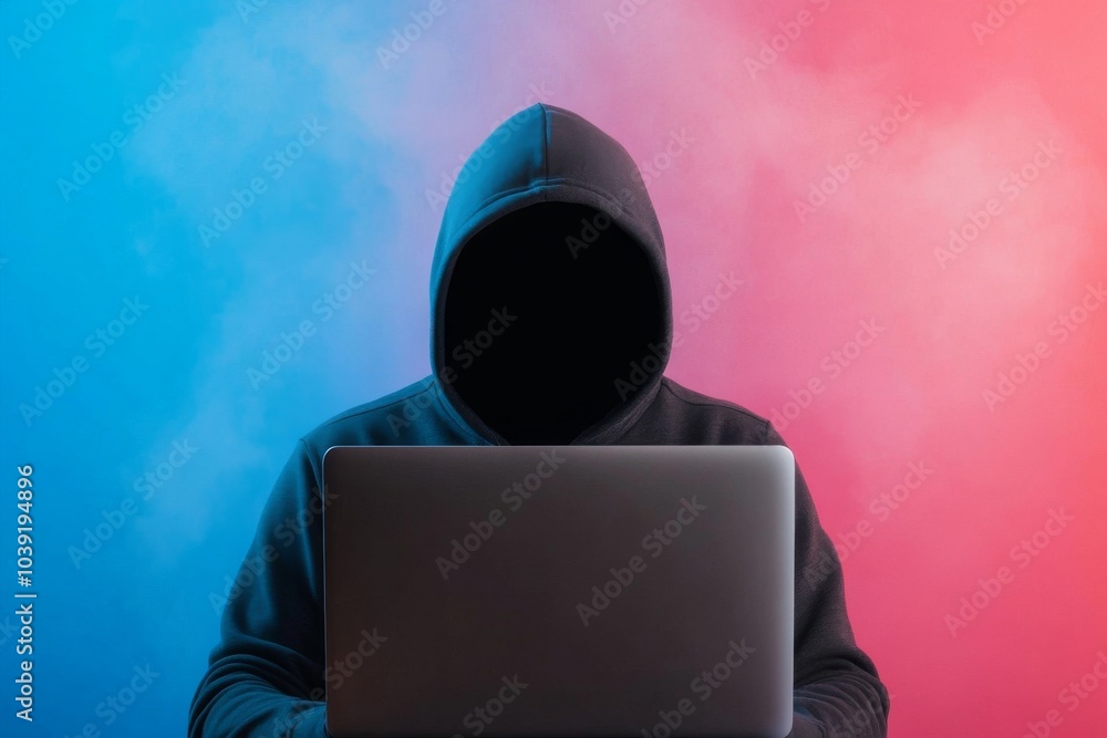 Poster hacker in hoodie using laptop with colorful smoke background.