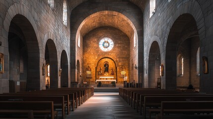 Obraz premium Romanesque church with thick stone walls, rounded arches, and simple, sturdy design