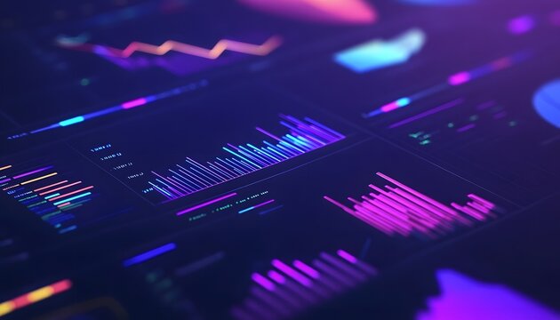 A visually striking digital display featuring colorful data visualizations, including graphs and charts, representing analytics and statistics in a modern design.