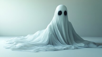 A ghostly figure draped in flowing white fabric, with dark eyes.