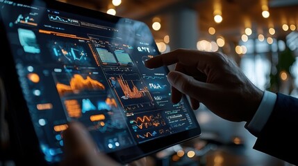 Naklejka premium Modern Businessman Analyzing Data on Smart Screen in Minimalist Conference Room