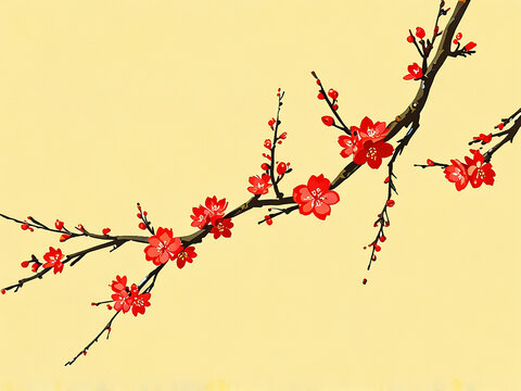 Abstract Red apricot blossom branch on a light yellow background. Flat lay. Chinese new year decoration.