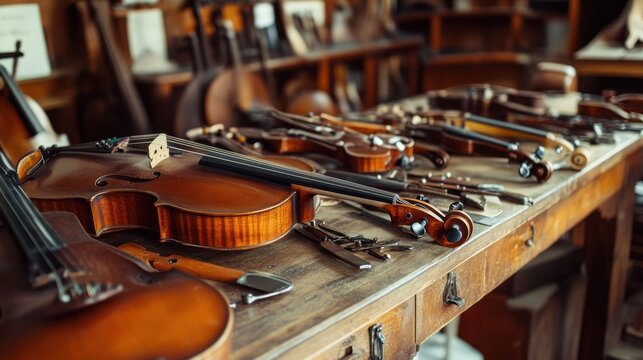 A carefully arranged musical instrument repair workshop, Instruments and repair tools set for meticulous restoration, Instrument technician style