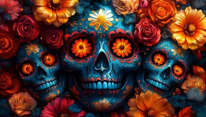 a group of blue skulls with flowers

