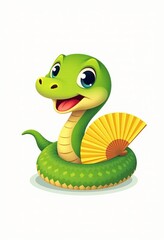 Fototapeta premium Adorable Green Serpent with Red Mouth and Black Eye Coiled Behind a Yellow Fan - Fun Vector Art in Flat Design Style