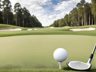 Fototapeta premium Front view of golf ball on tee with golf drivers at golf course