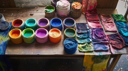 A carefully arranged textile dyeing and fabric design studio, Dye pots and textile samples in vibrant colors, Artistic textile design style