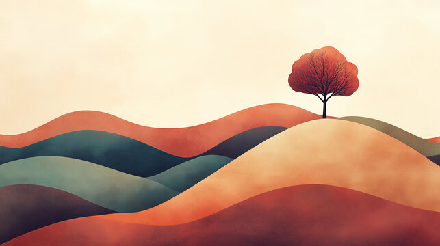 Abstract landscape with geometric hills and a single tree in the foreground, rendered in muted colors with a simple, minimal style