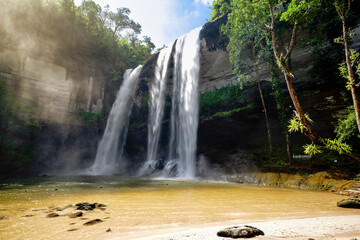 Beautiful images of Huai Luang Waterfall in the morning in Ubon Ratchathani Province