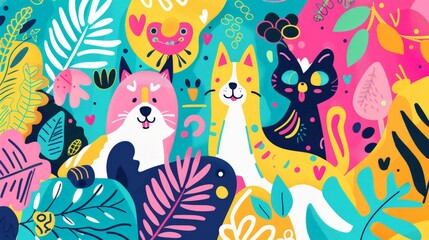 Bright and lively pet background with happy pets surrounded by colorful decorations, playful shapes, and vibrant patterns, perfect for greeting card designs