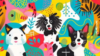 Fototapeta premium Bright and lively pet background with happy pets surrounded by colorful decorations, playful shapes, and vibrant patterns, perfect for greeting card designs