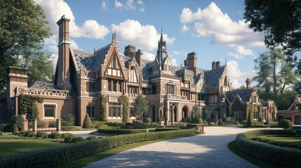 Obraz premium Elizabethan manor with elaborate brickwork, tall chimneys, and intricate gables
