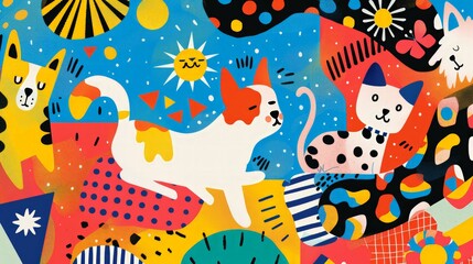 Playful and vibrant pet-themed backdrop featuring joyful pets surrounded by colorful patterns, dynamic elements, and cheerful decorations, high quality, ideal for festive card designs