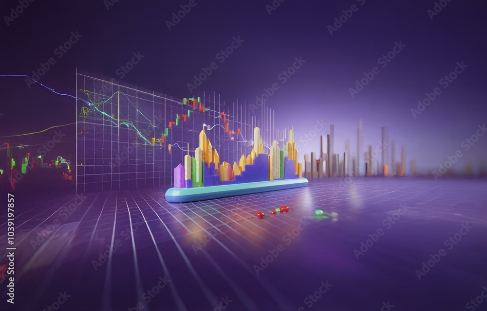 Poster a 3d rendering of a colorful cityscape against a purple background with various charts and graphs in