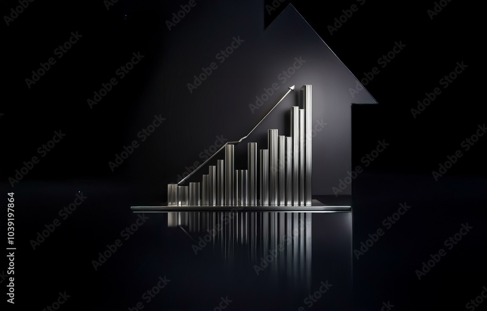 Poster a silver bar graph with an arrow pointing upward sits on a reflective surface. the graph is in front