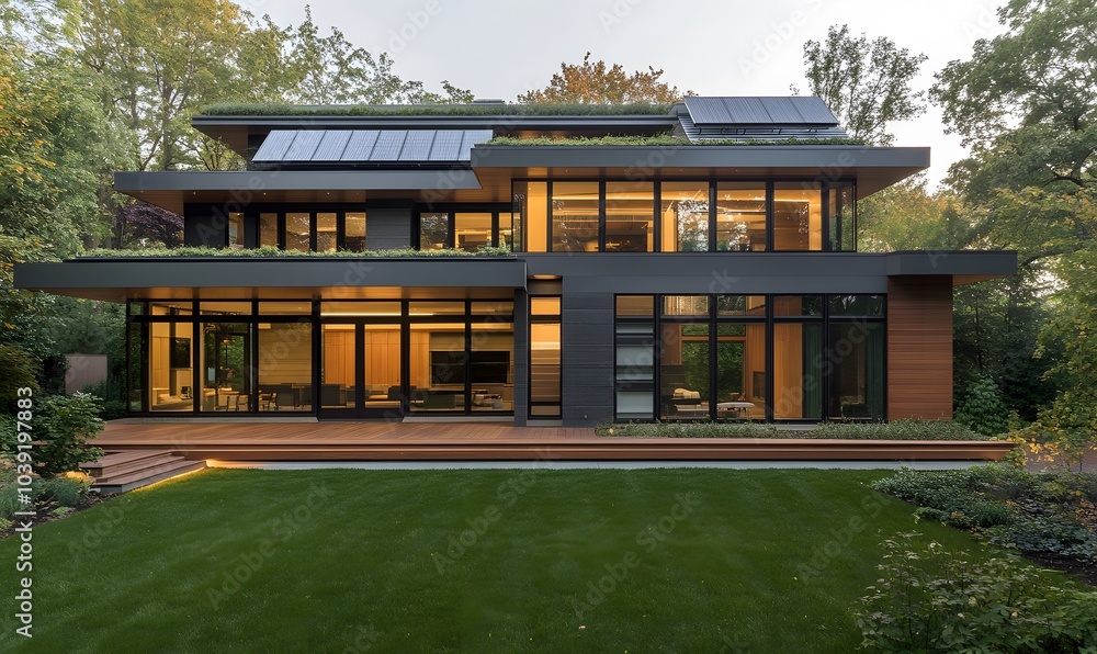 Poster a modern home designed with large windows, sustainable features, and surrounded by greenery, showcas