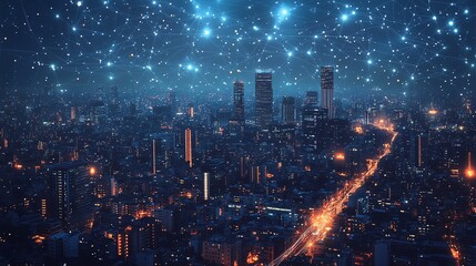 Fototapeta premium City skyline at night with stars and glowing buildings.