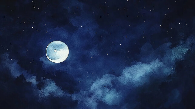 Dreamy moonlit night sky in watercolor style
