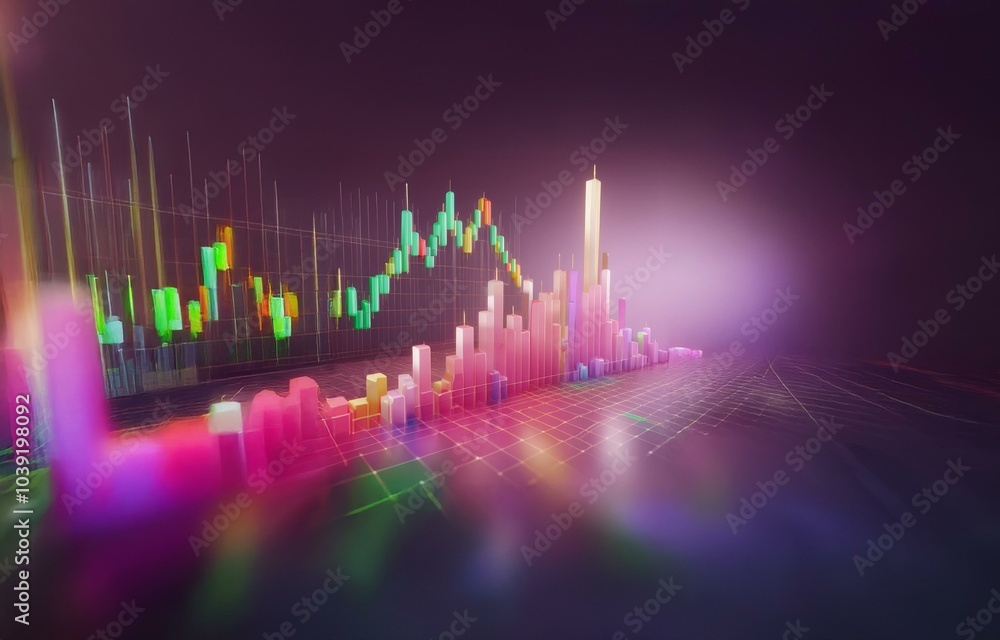 Poster a colorful, digital illustration of a 3d graph showing fluctuating data points.